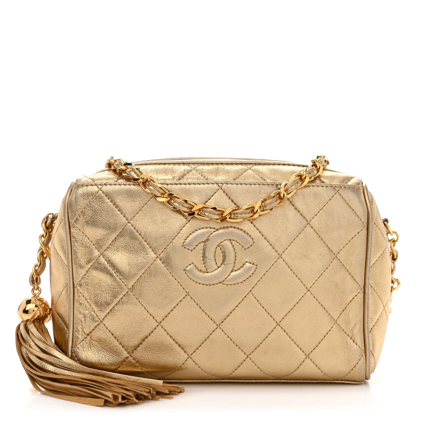 Metallic Lambskin Quilted Tassel Camera Case Gold