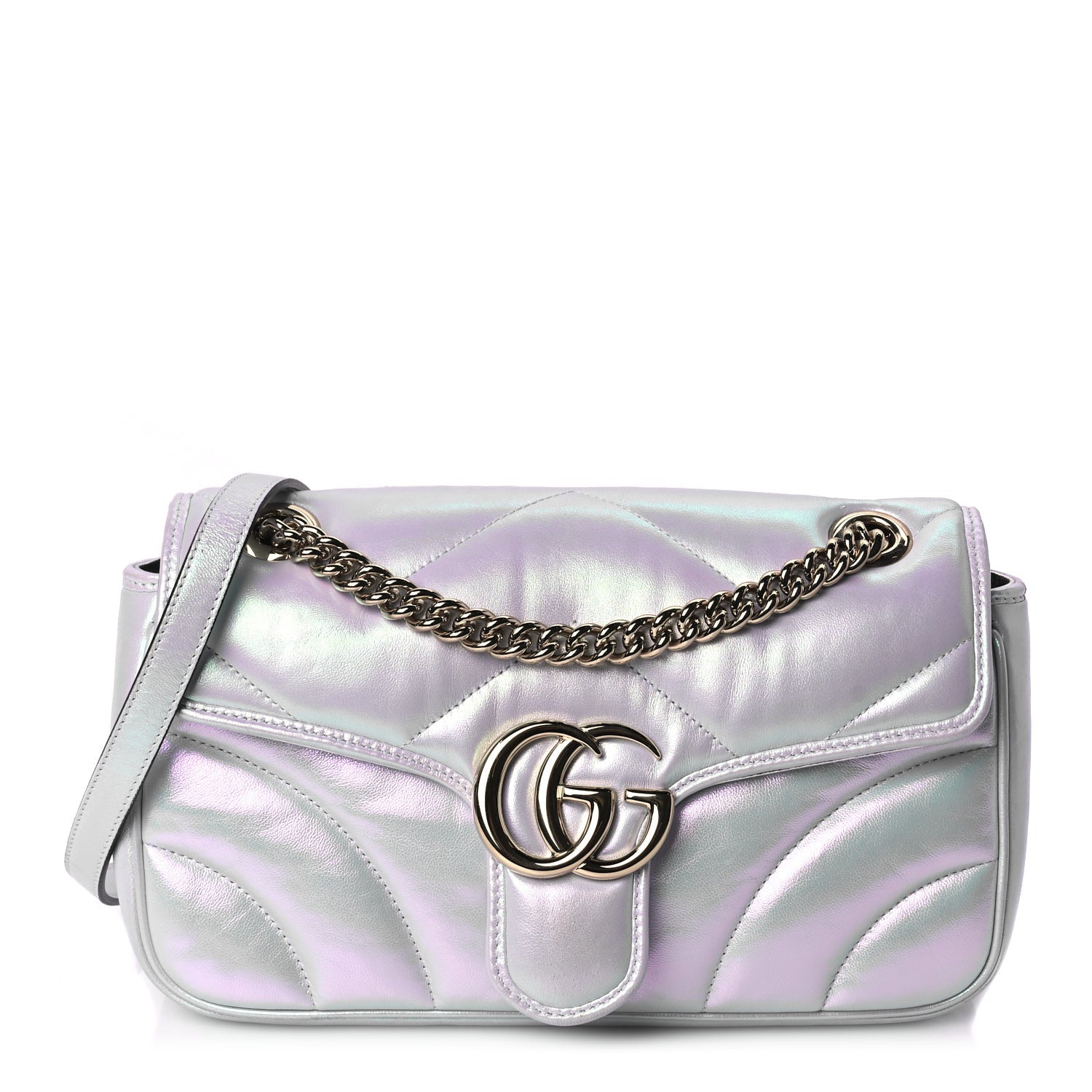 Gucci Iridescent Nappa Chevron Matelasse Small GG Marmont Shoulder Bag Snow Light Blue 1 of 9