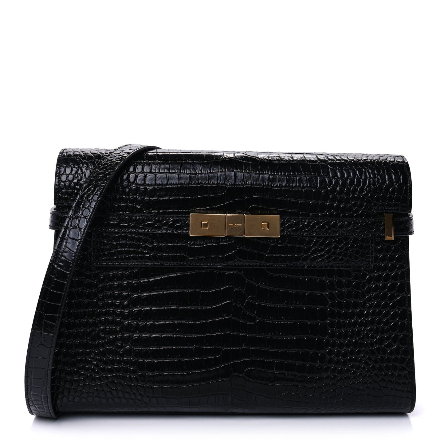 Shiny Calfskin Crocodile Embossed Manhattan Baguette Black Black