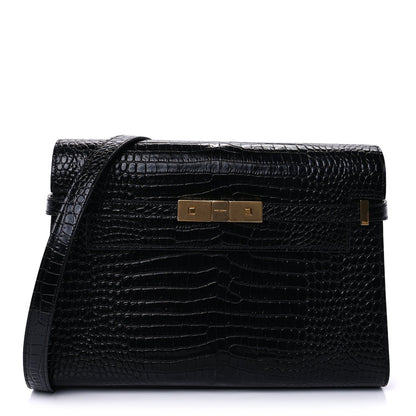 Saint Laurent Shiny Calfskin Crocodile Embossed Manhattan Baguette Black Black 1 of 7
