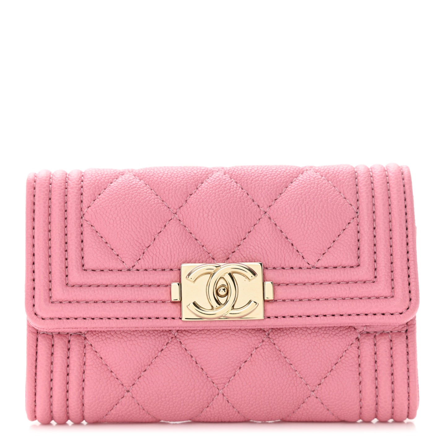Caviar Quilted Boy Flap Card Holder Wallet Light Pink