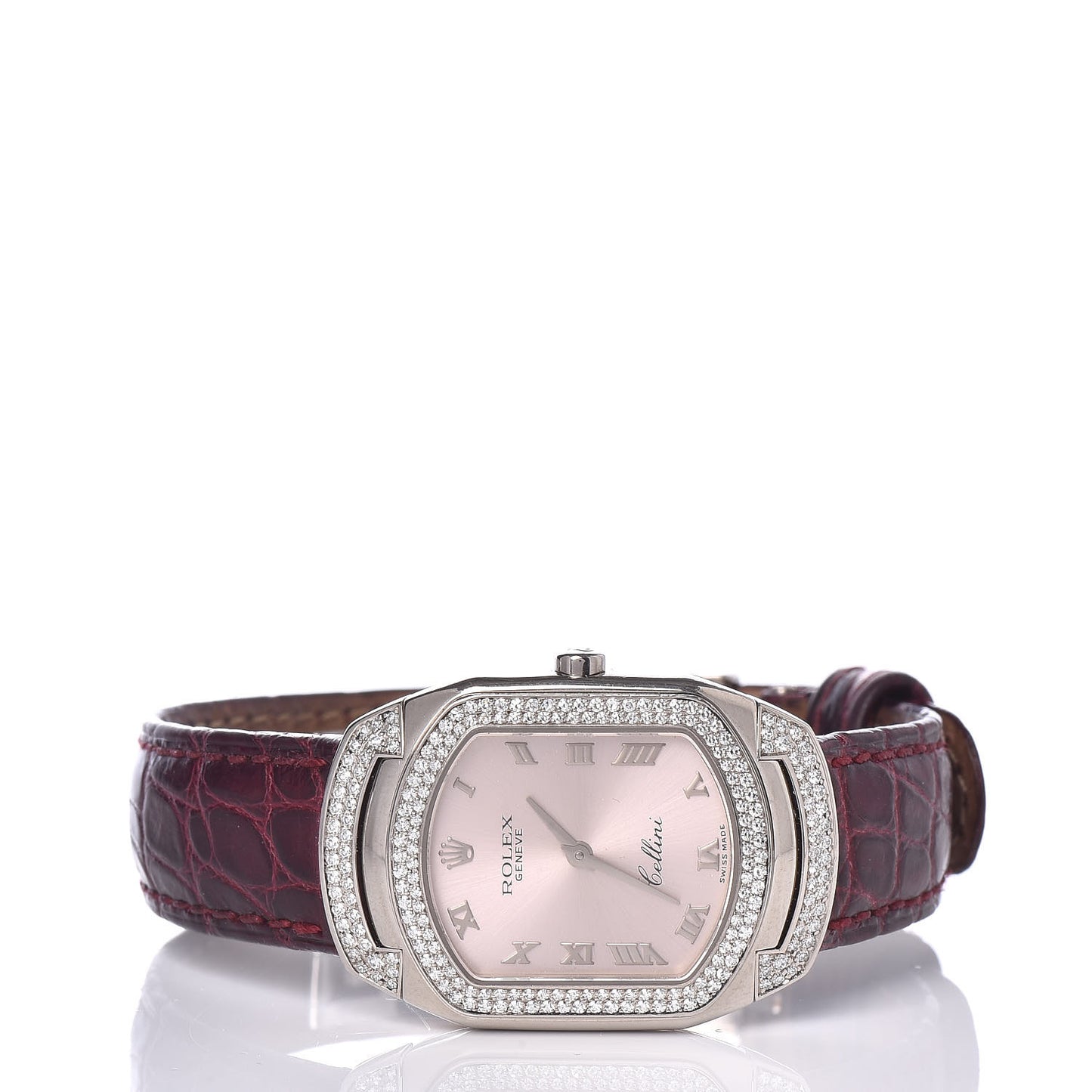 18K White Gold Alligator Diamond 25mm Cellini Cellissima Quartz Watch Pink 6693