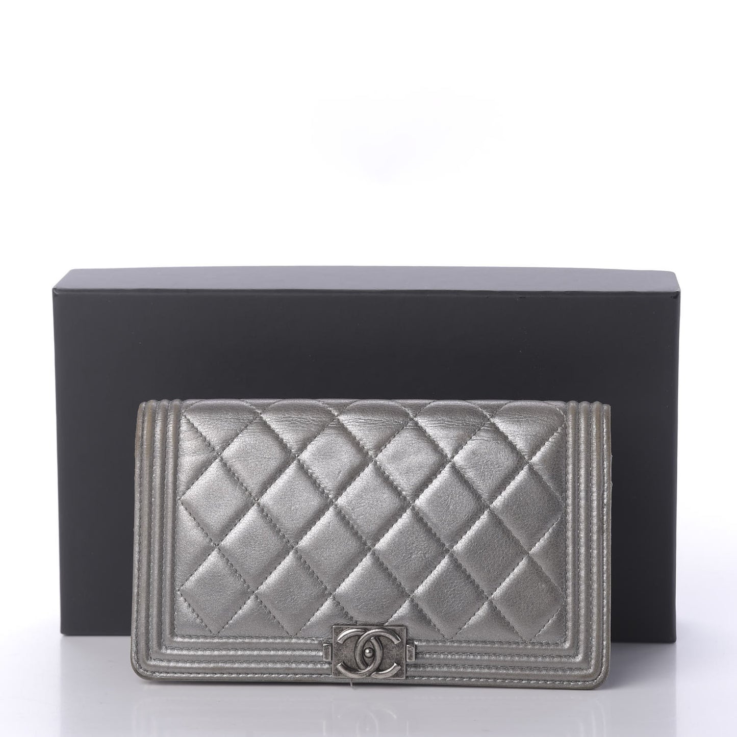 Metallic Calfskin Quilted Boy Yen Wallet Silver