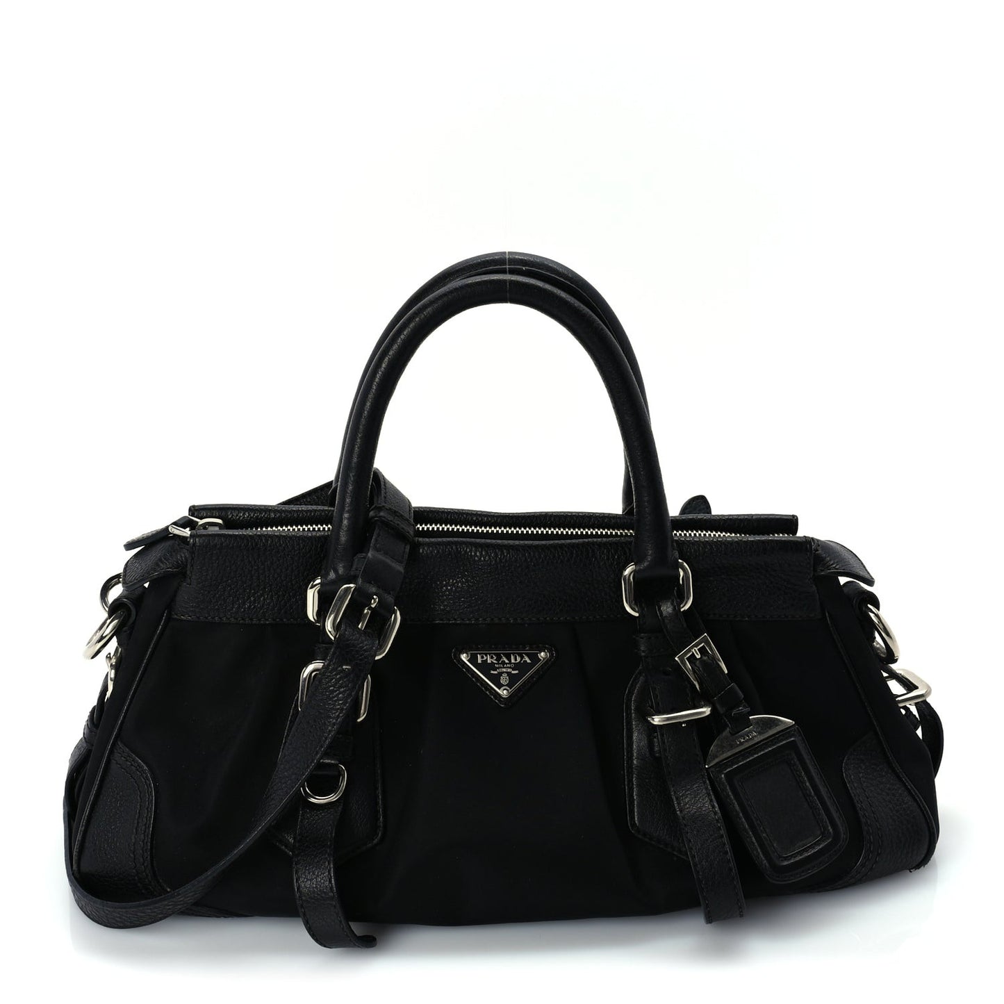 Nylon Calfskin Buckle Shoulder Bag  Black
