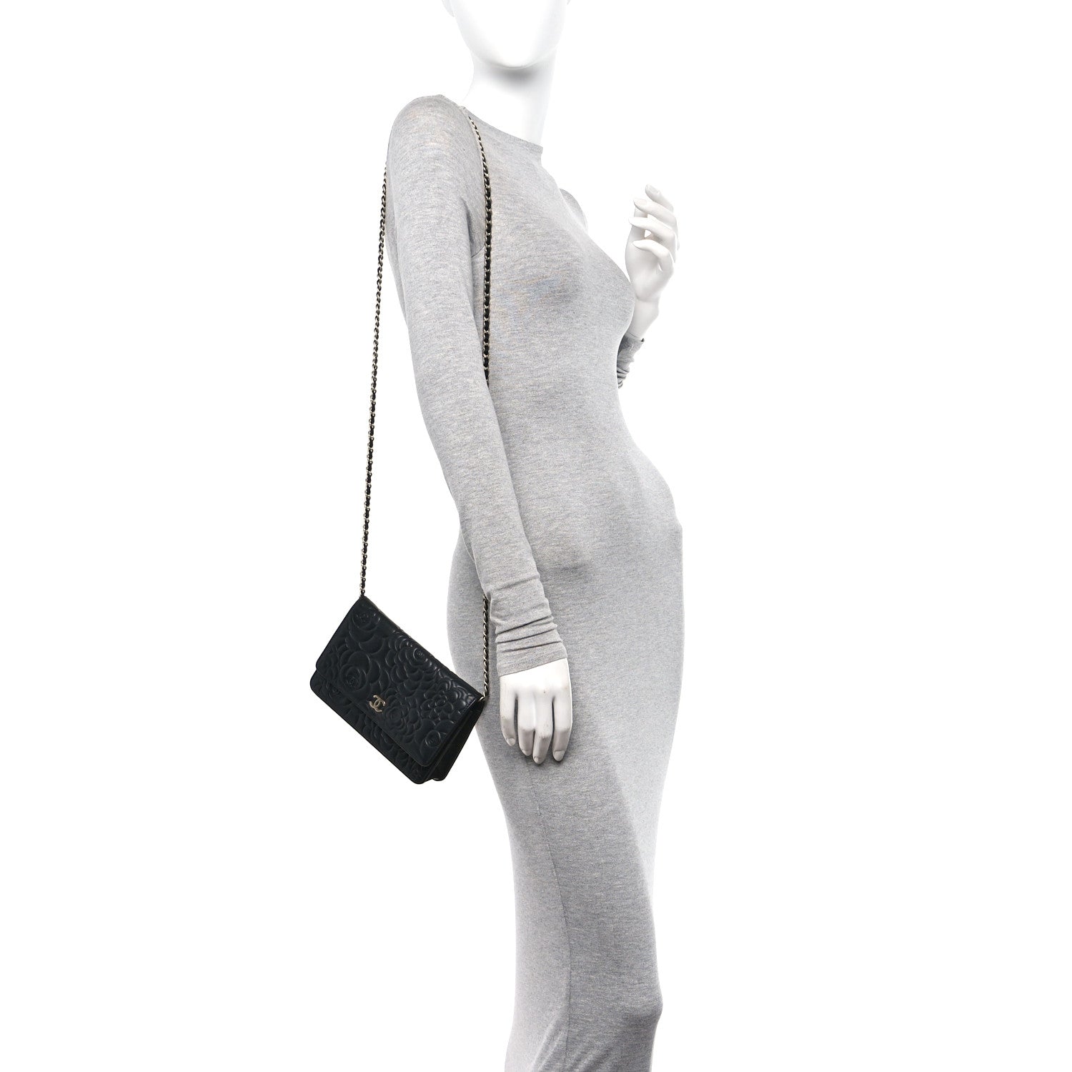 Chanel Lambskin Camellia Embossed Wallet on Chain WOC Black 2 of 11