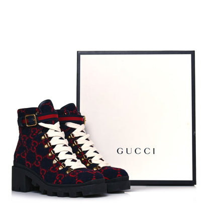 Gucci Covered Wool Big GG Monogram Womens Lace Up Combat Ankle Boots 38.5 Blue Red 9 of 9