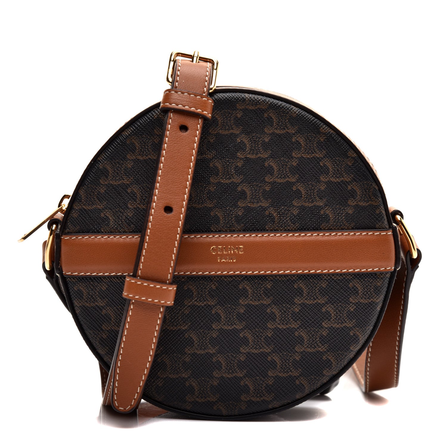 Celine Lambskin Triomphe Canvas Round Purse On Strap Black Tan 1 of 9