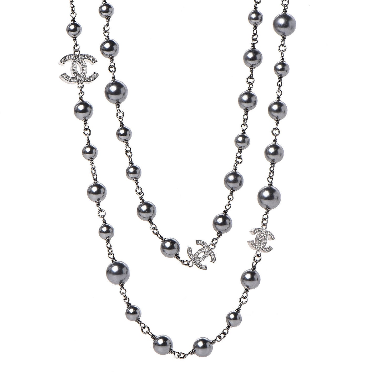 Crystal Pearl Beaded CC Long Necklace Ruthenium
