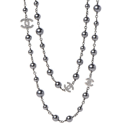 Chanel Crystal Pearl Beaded CC Long Necklace Ruthenium 1 of 6