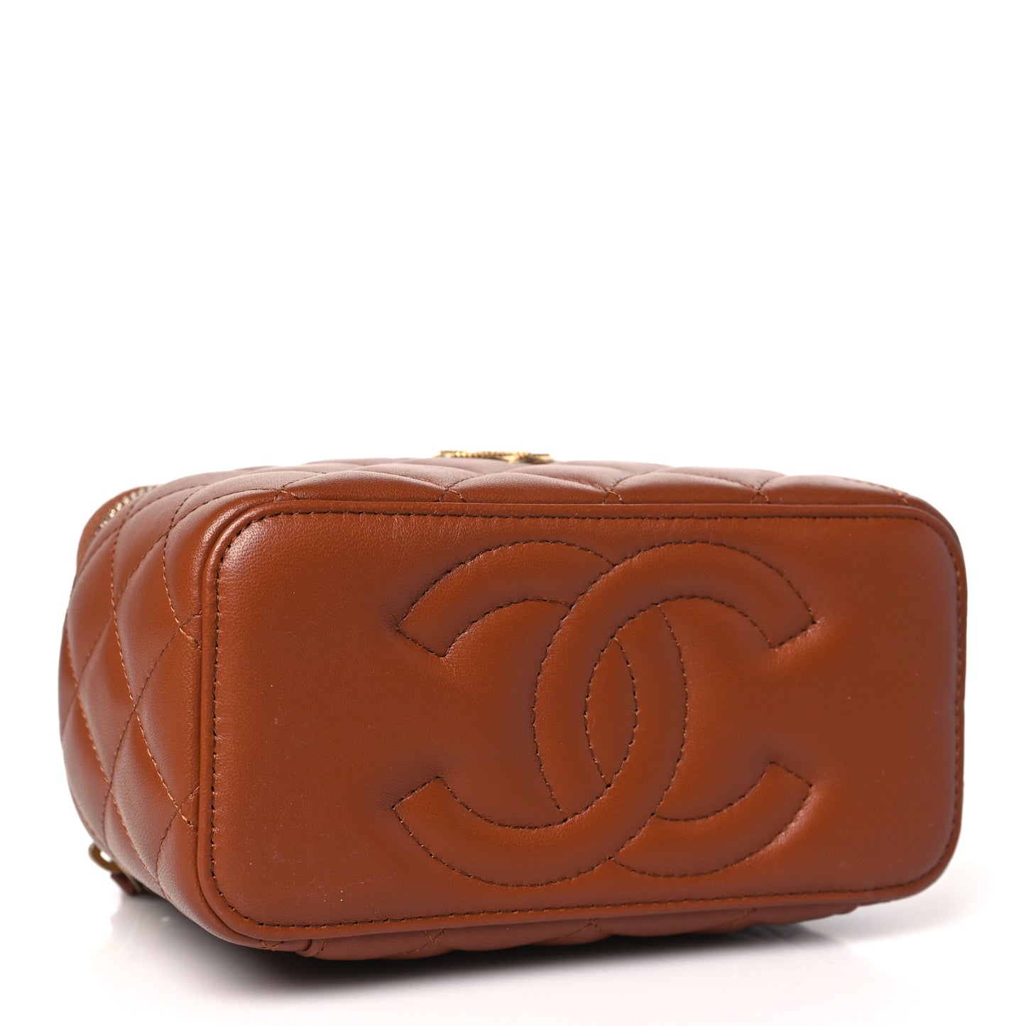 Lambskin Quilted Metal Twist Small Top Handle Vanity Case With Chain Brown