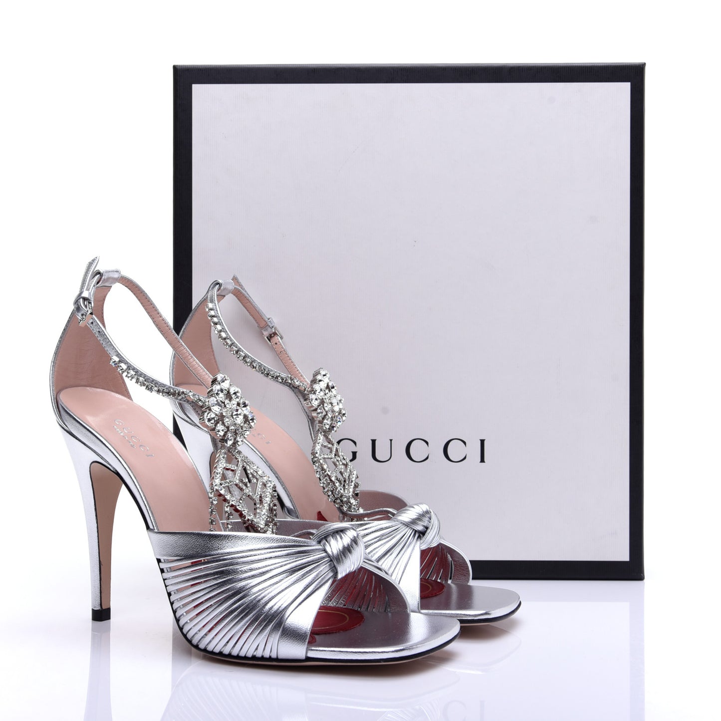 Nappa Crystal Crawford Strap High Heel Sandals 38 Silver