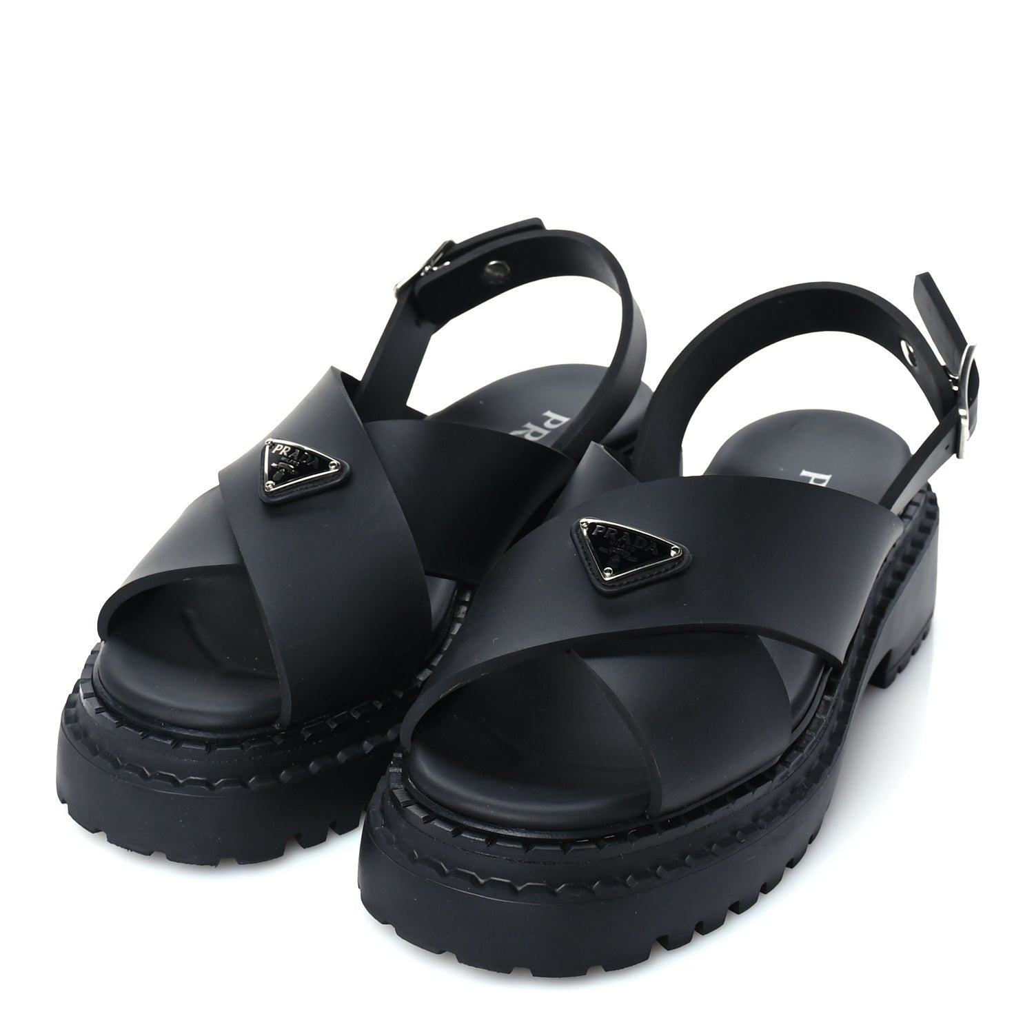 Prada Foam Rubber Metal Triangle Logo Monolith 55mm Soft Cage Sandals 38 Black 2 of 8