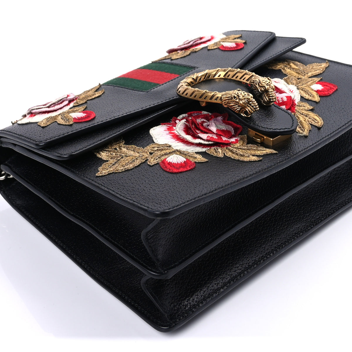 Gucci Calfskin Web Floral Embroidered Medium Dionysus Shoulder Bag Black 8 of 9