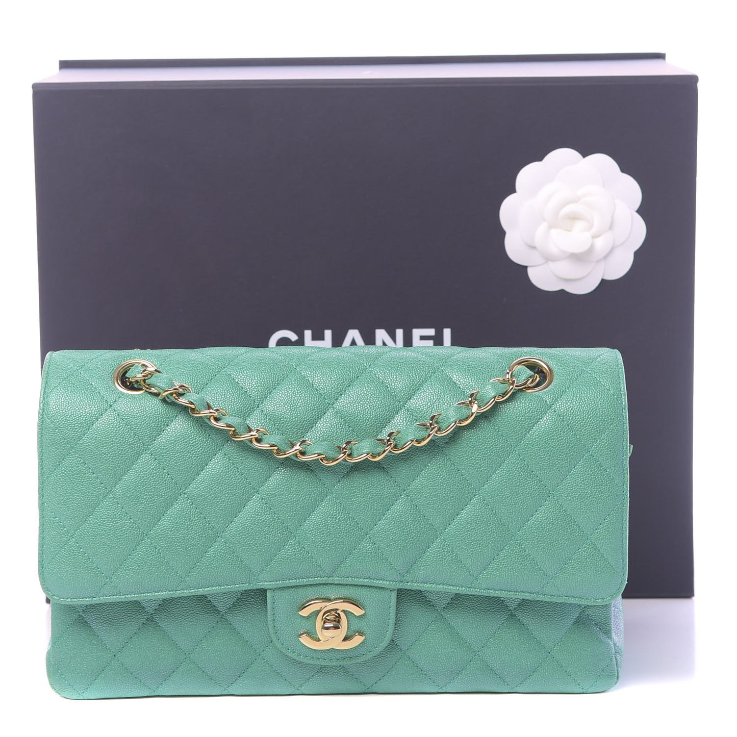 Iridescent Caviar Quilted Medium Double Flap Green