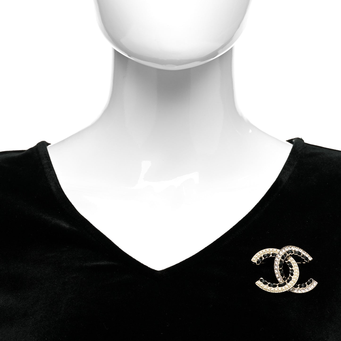 Lambskin Crystal CC Chain Brooch Black Gold