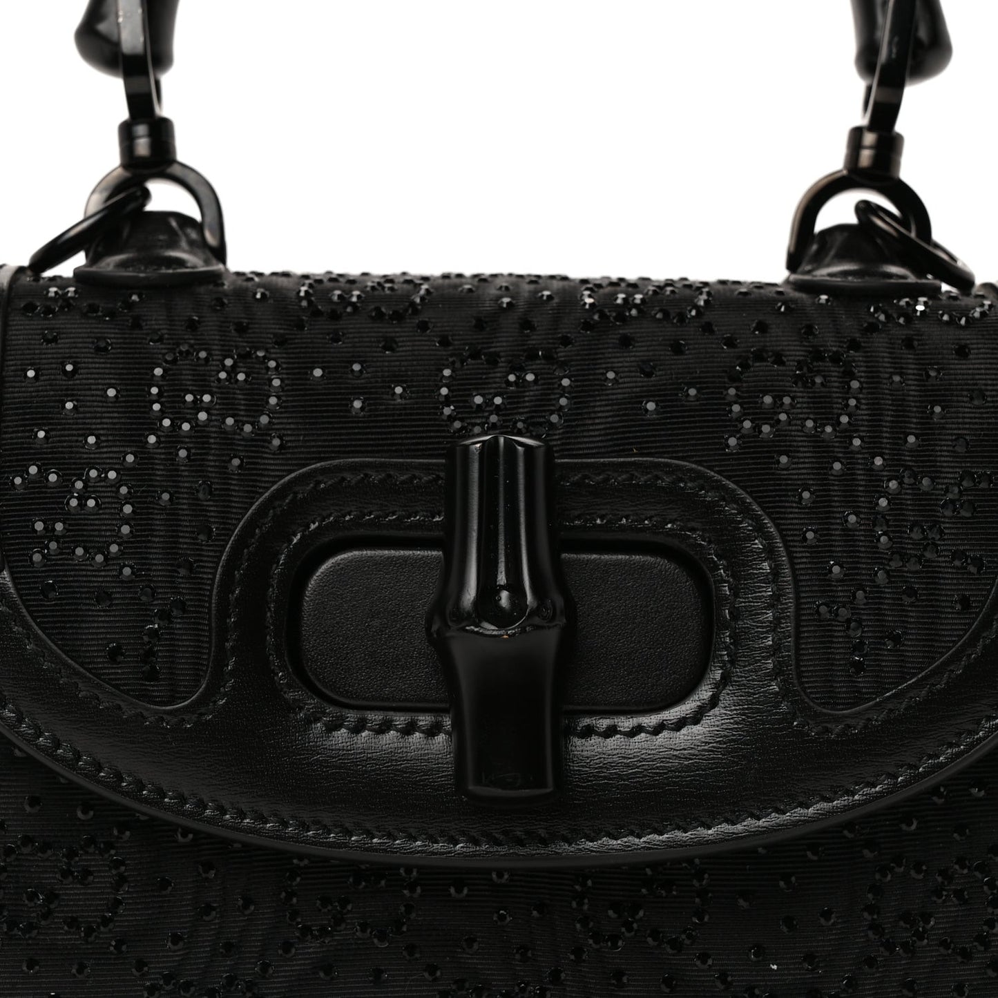 Moire Fabric Calfskin Rhinestone Monogram Monochrome Mini Bamboo 1947 Top Handle Chain Bag Black