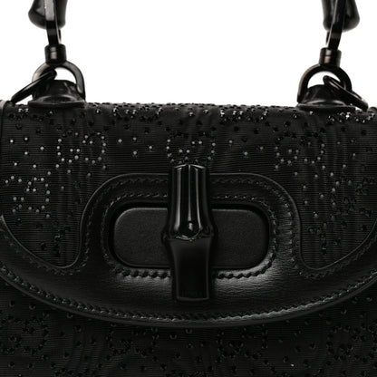 Gucci Moire Fabric Calfskin Rhinestone Monogram Monochrome Mini Bamboo 1947 Top Handle Chain Bag Black 5 of 7