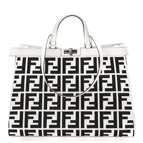 Canvas Vitello King FF Embroidered Medium Peekaboo X-Tote White Rice Black