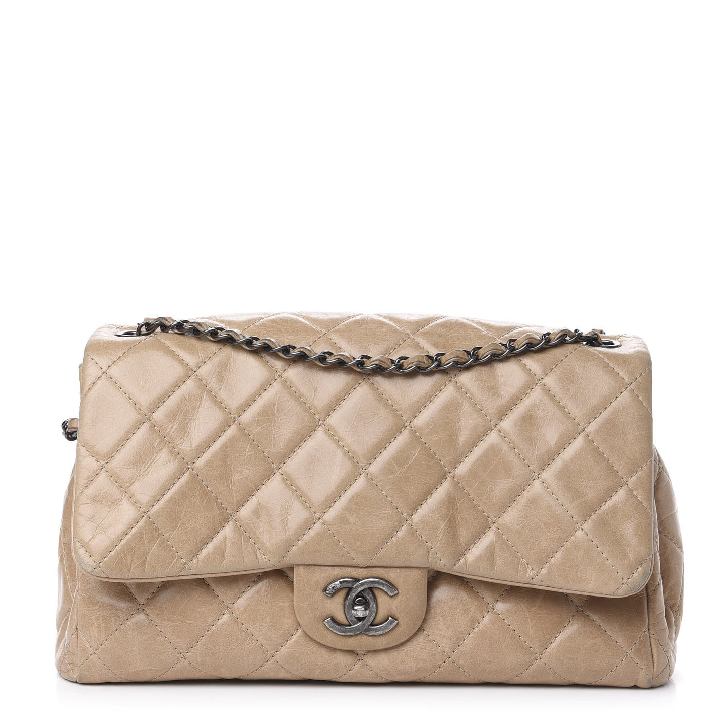 Glazed Calfskin Quilted Large Coco Soft Flap Beige