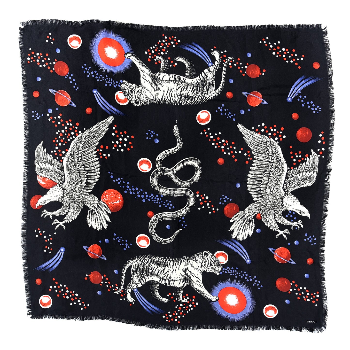 Wool Silk Space Animals Square Scarf Black
