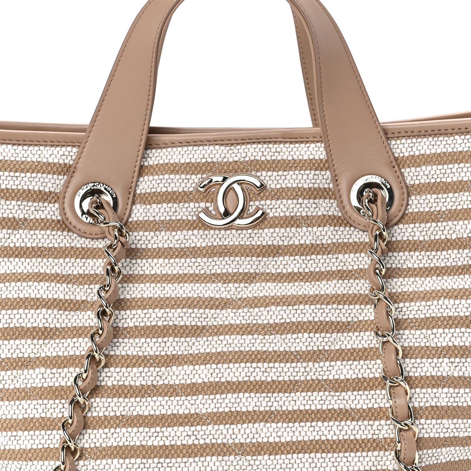 Chanel Printed Fabric Striped CC Tote Light Beige 7 of 7