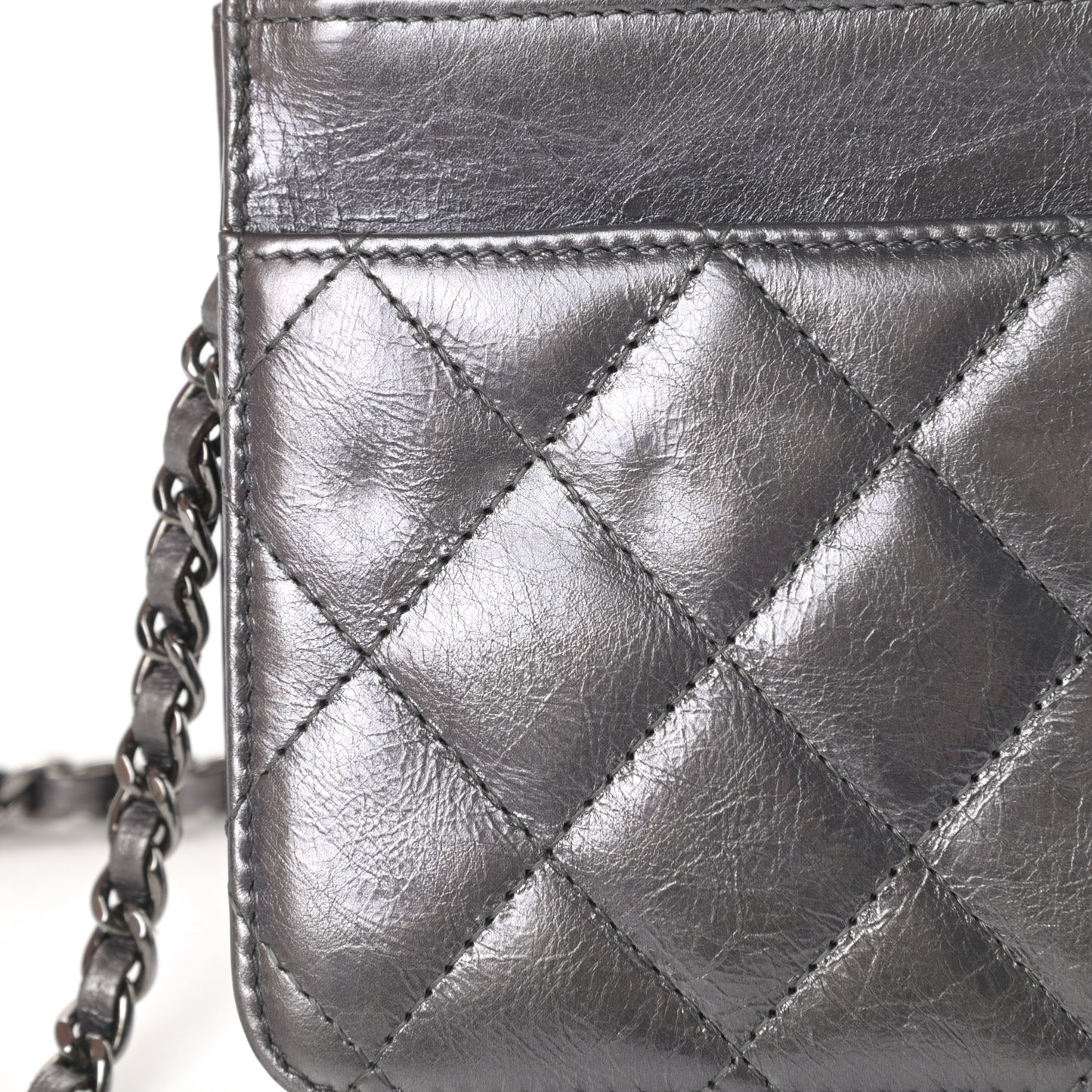 Metallic Aged Calfskin Quilted Reissue Wallet On Chain WOC Dark Silver