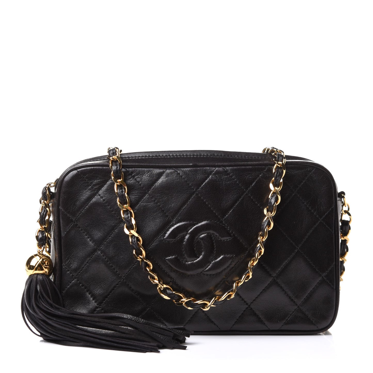 Lambskin Quilted Tassel Camera Case Black