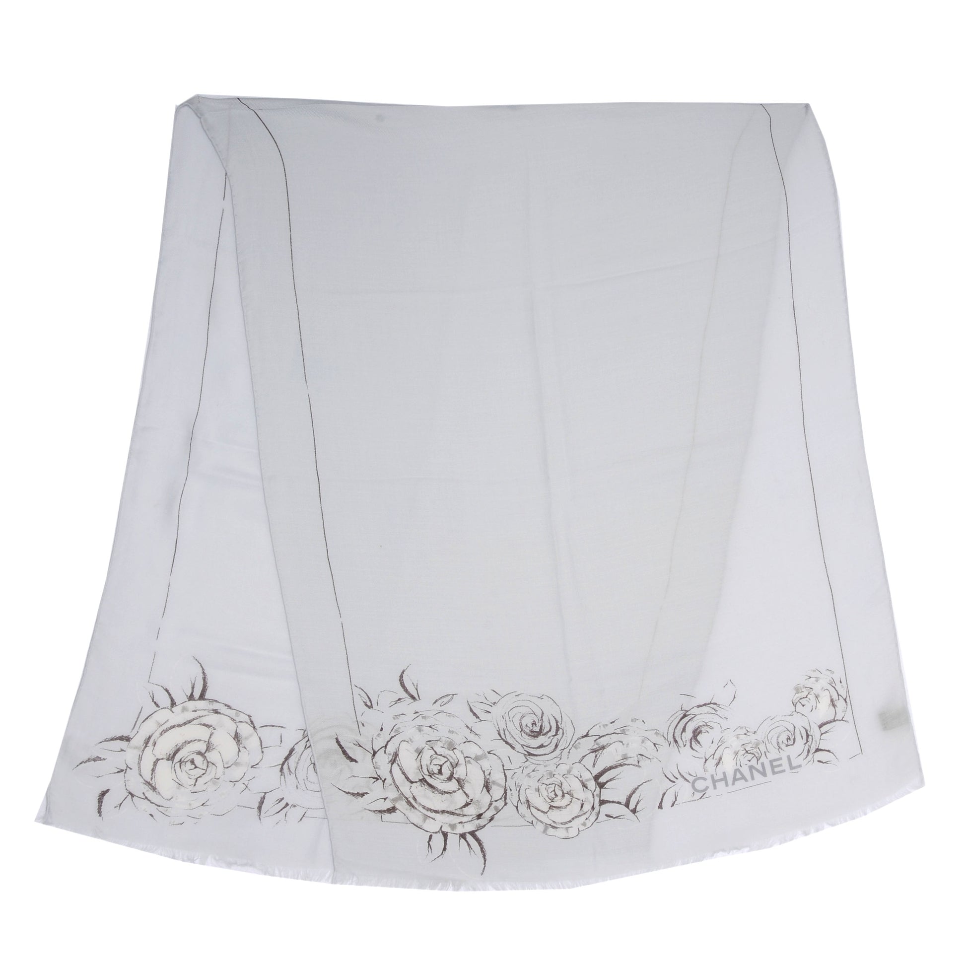 Chanel Cashmere Silk Logo Camellia Scarf Shawl Pale Blue 1 of 5