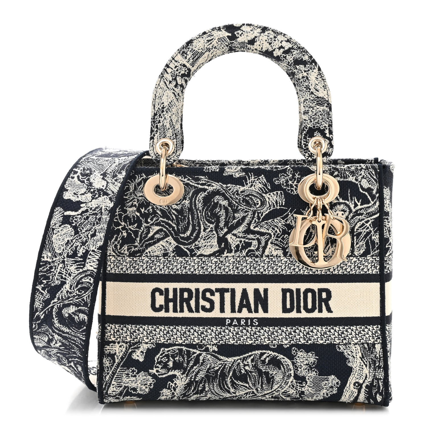 Christian Dior Canvas Toile De Jouy Reverse Embroidered Medium Lady D-Lite Navy 1 of 11