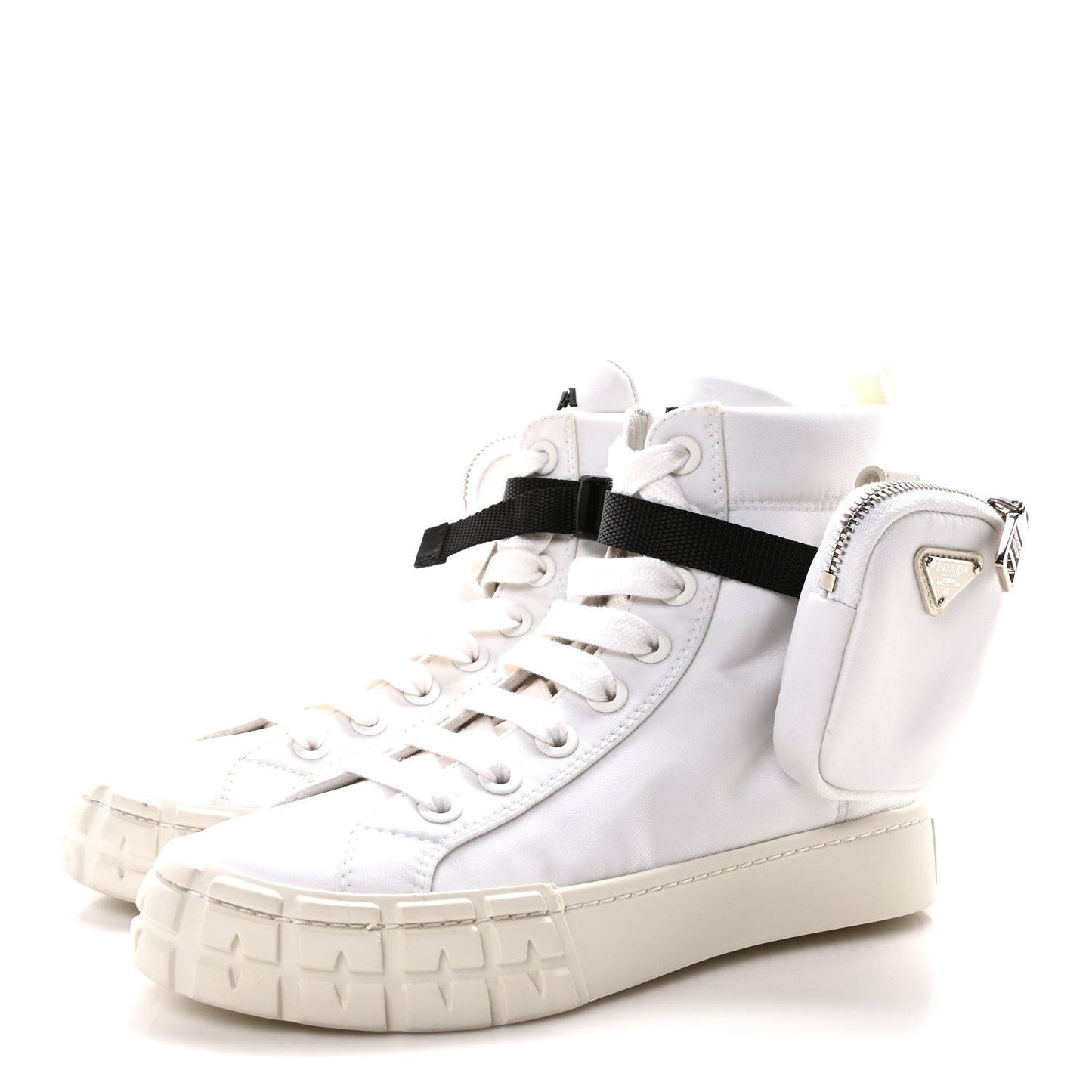 Re-Nylon Gabardine Metal Triangle Logo Wheel Pouch Pocket High Top Sneakers 35.5 White