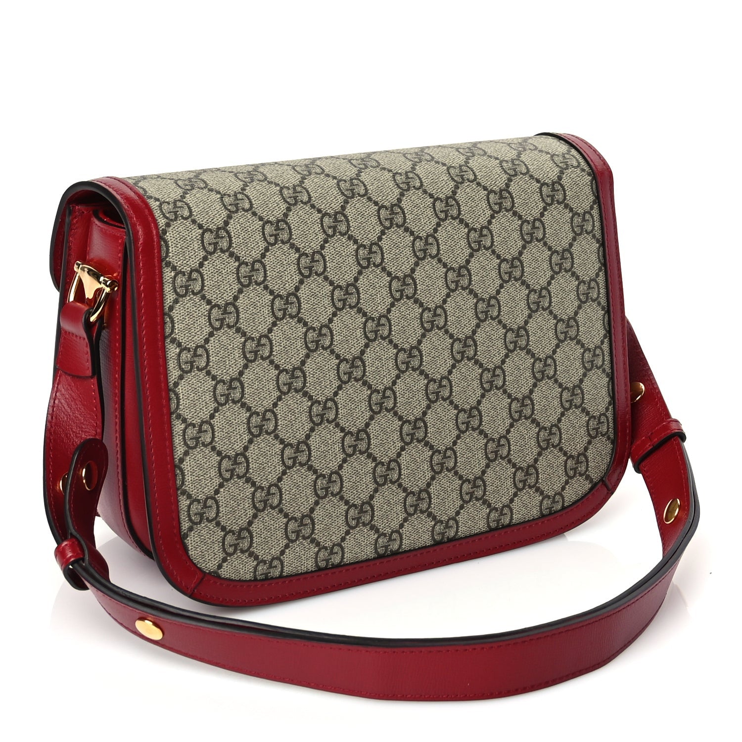 Gucci GG Supreme Monogram Azalea Calfskin Horsebit 1955 Shoulder Bag Beige Ebony New Cherry Red 2 of 9