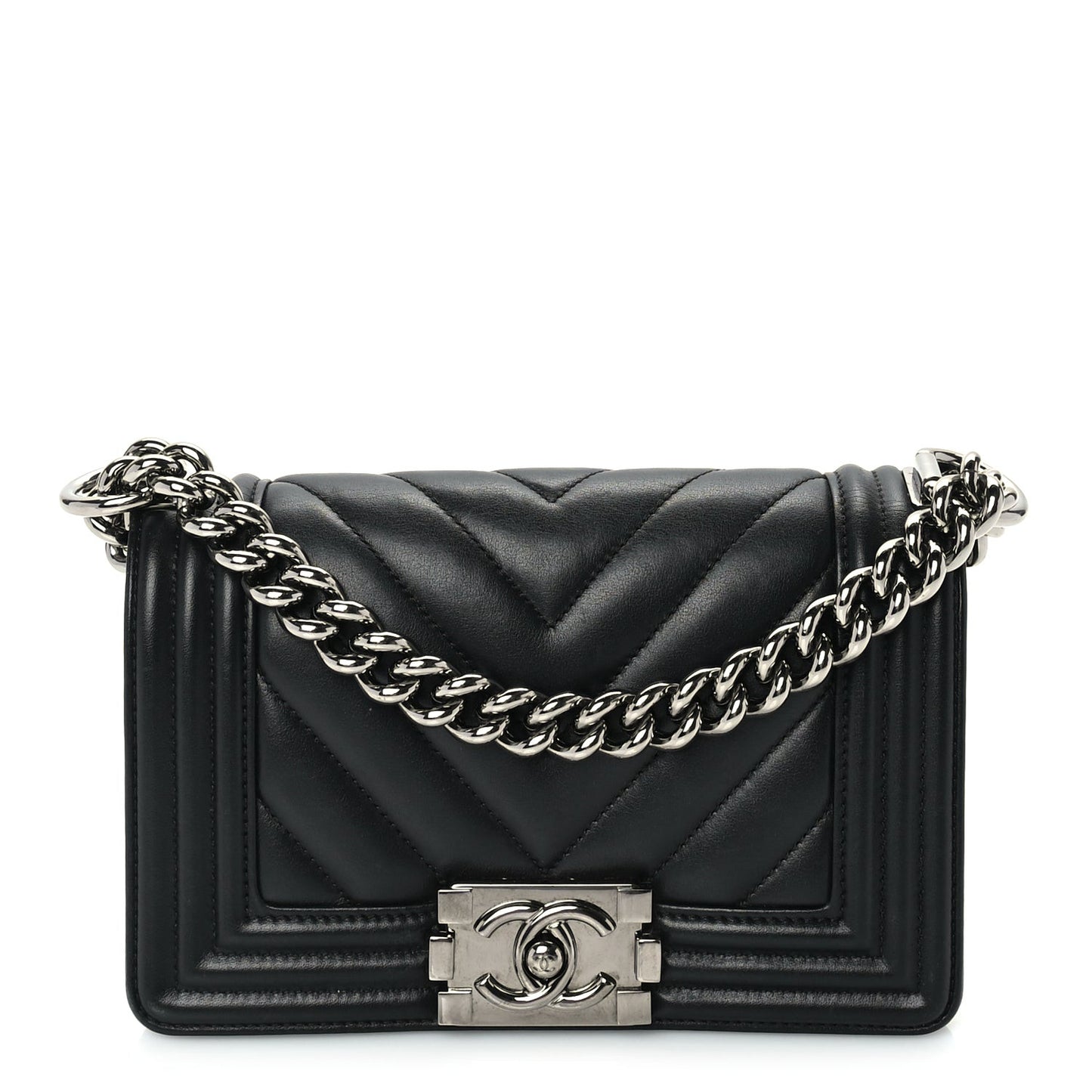 Lambskin Chevron Quilted Small Boy Flap  Black