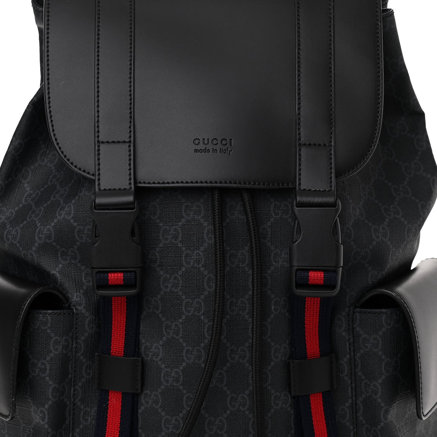 Soft GG Supreme Monogram Appia Calfskin Web Double Buckle Backpack Black