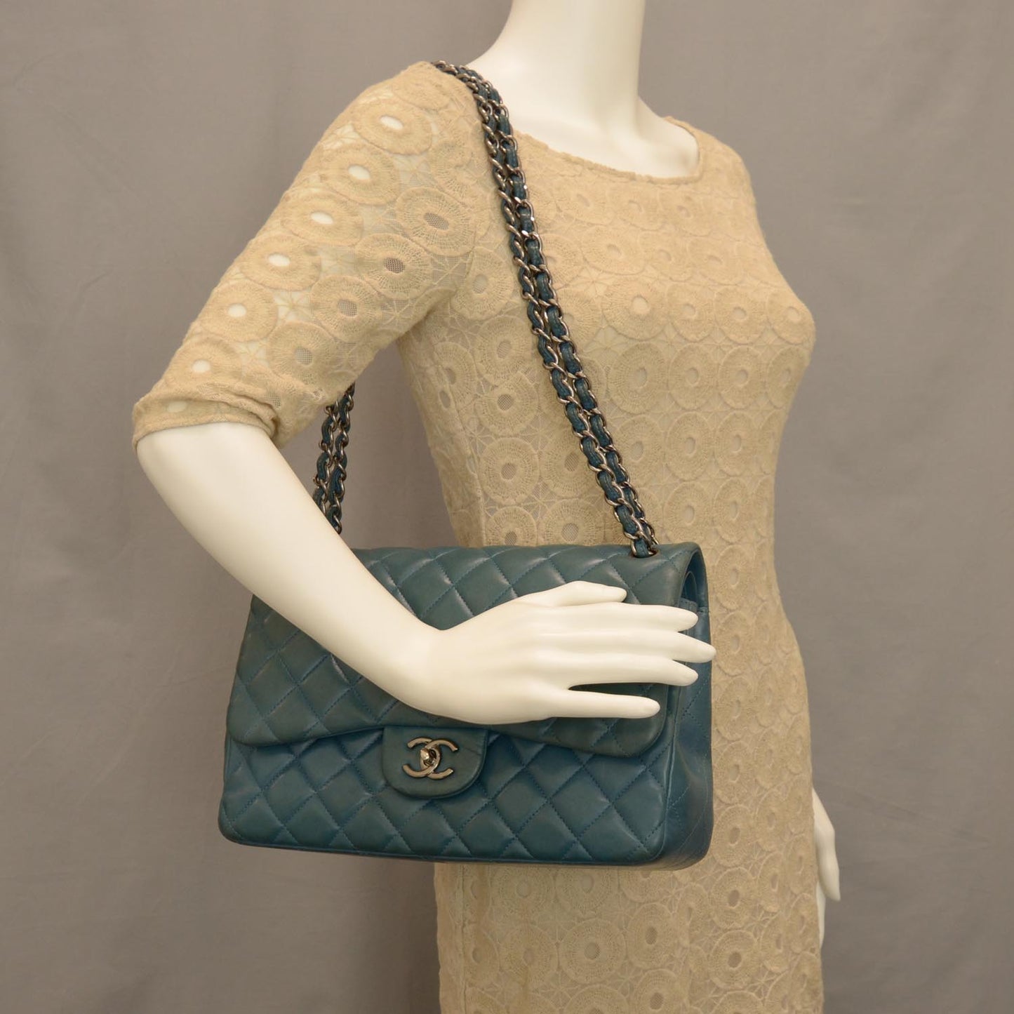 Lambskin Quilted Jumbo Double Flap Turquoise