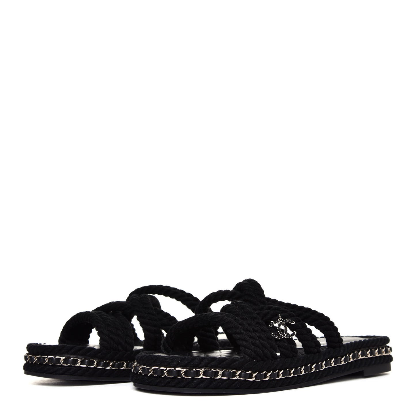 Cord Lambskin Chain Slide Sandals 39 Black