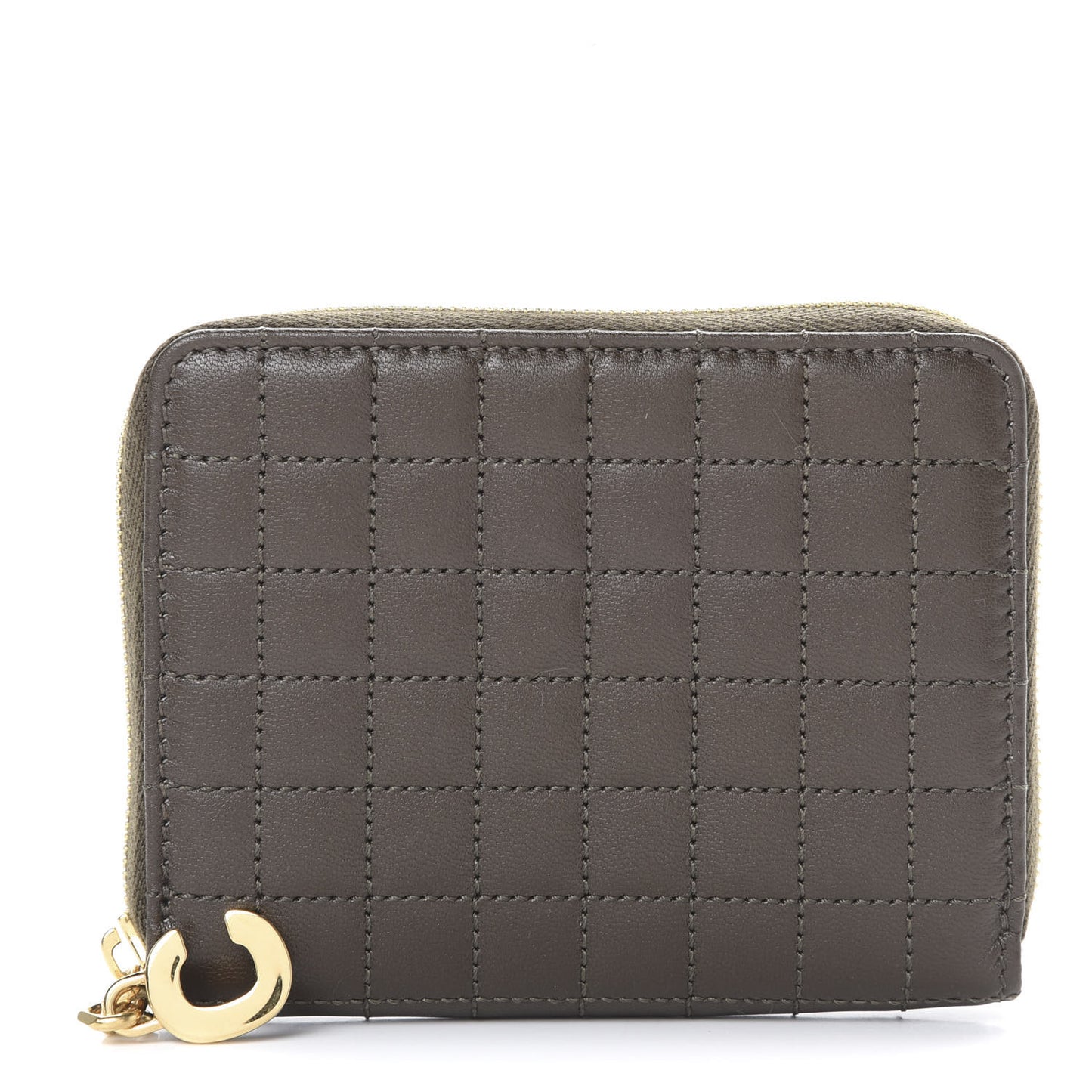 Lambskin Quilted C Charm Zip Around Wallet Khaki