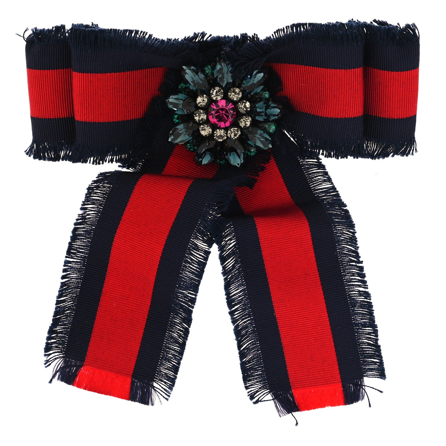 Grosgrain Web Crystal Bow Brooch Blue Red