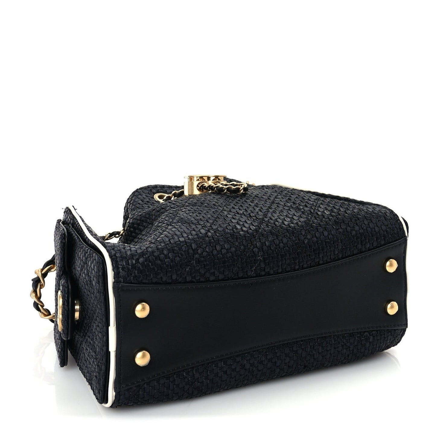 Braided Raffia Calfskin Quilted Mini  25 Handbag Black White