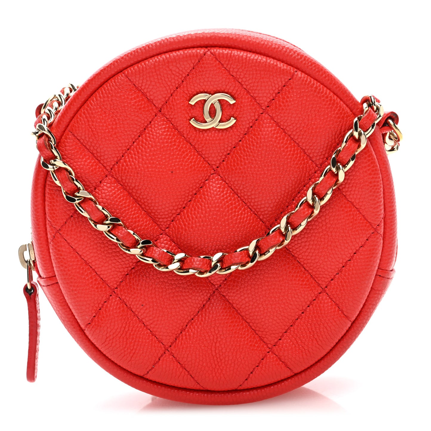 Caviar Quilted Round Clutch With Chain Red