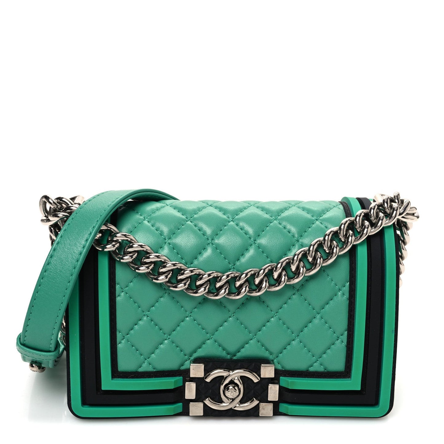 Lambskin Rubber Quilted Small Tone Boy Flap Green Black