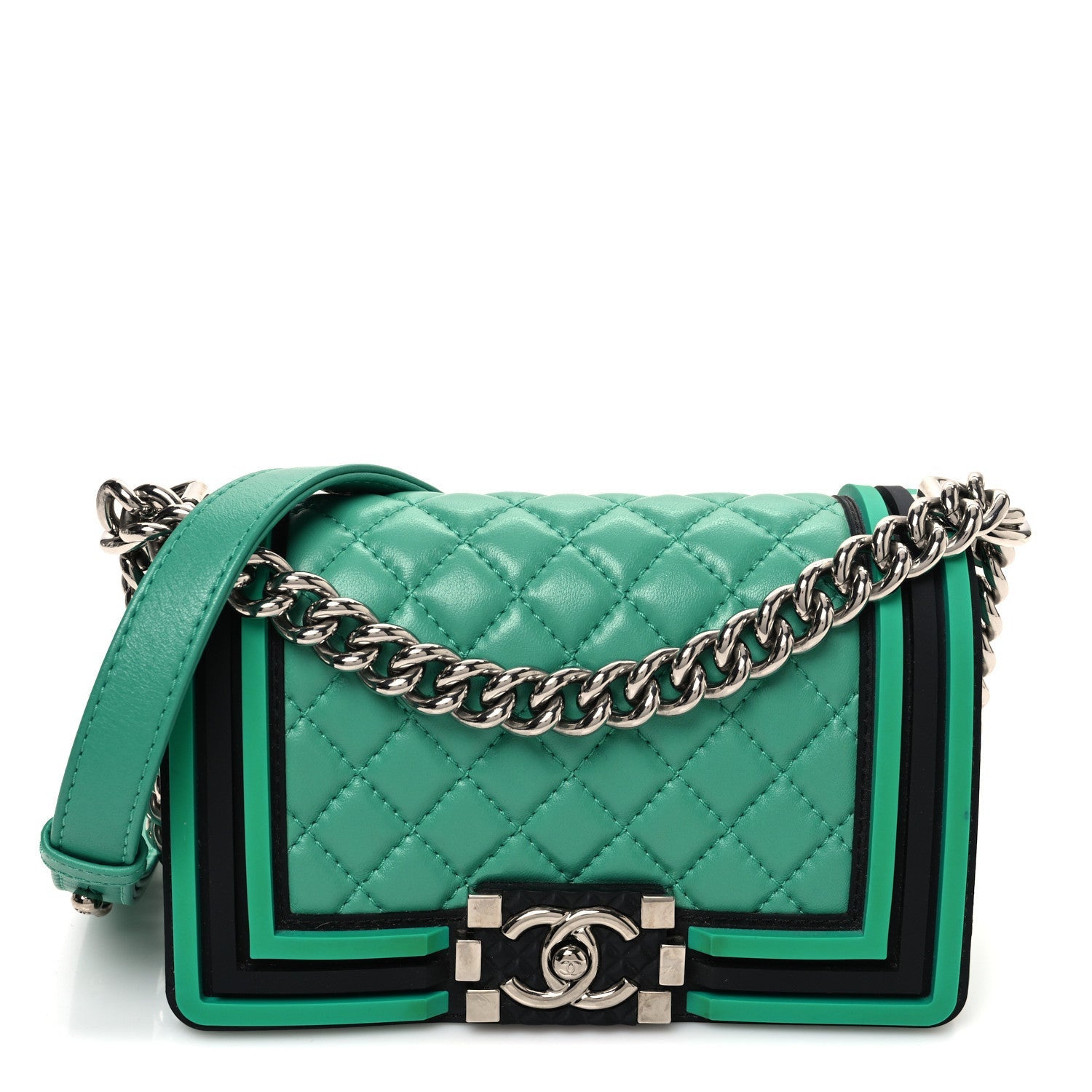 Chanel Lambskin Rubber Quilted Small Tone Boy Flap Green Black 1 of 7