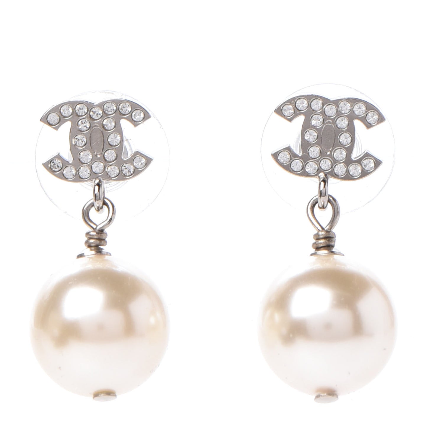 Crystal Pearl CC Drop Earrings Silver