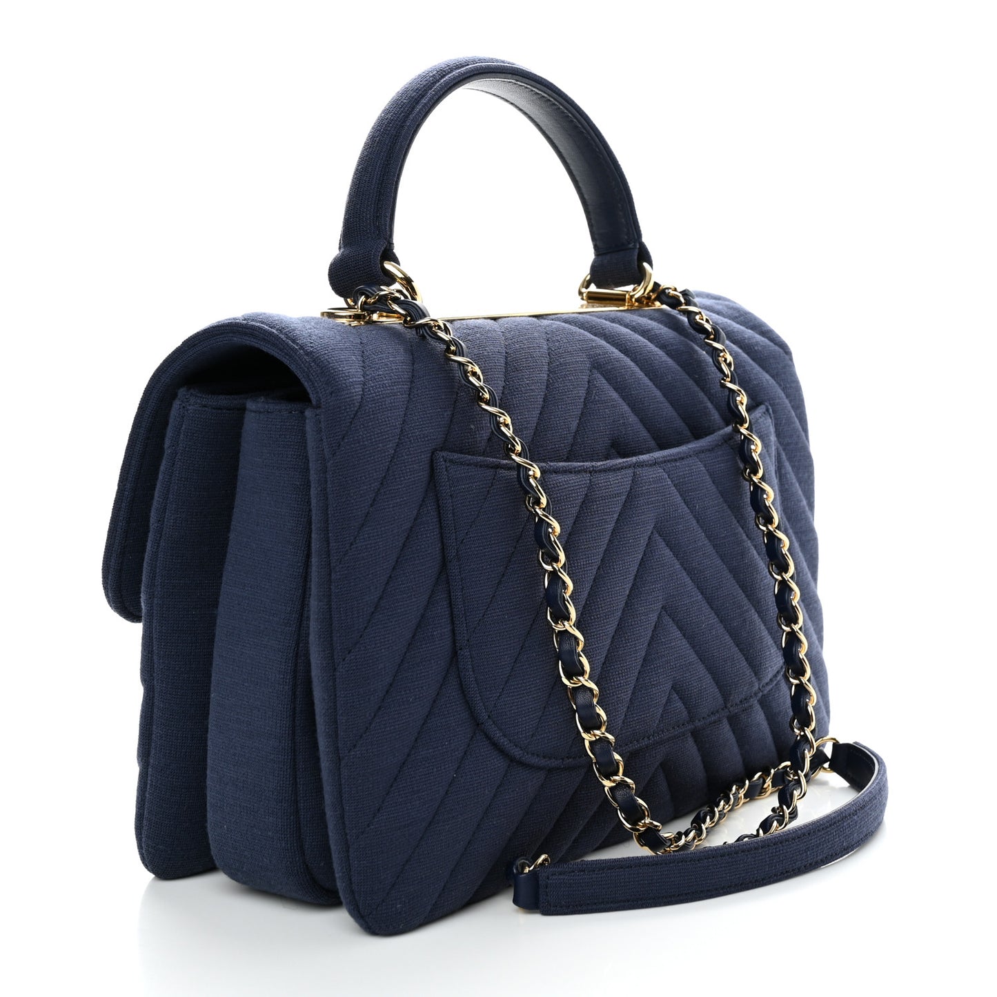 Jersey Chevron Quilted Medium Trendy CC Dual Handle Flap Bag Navy