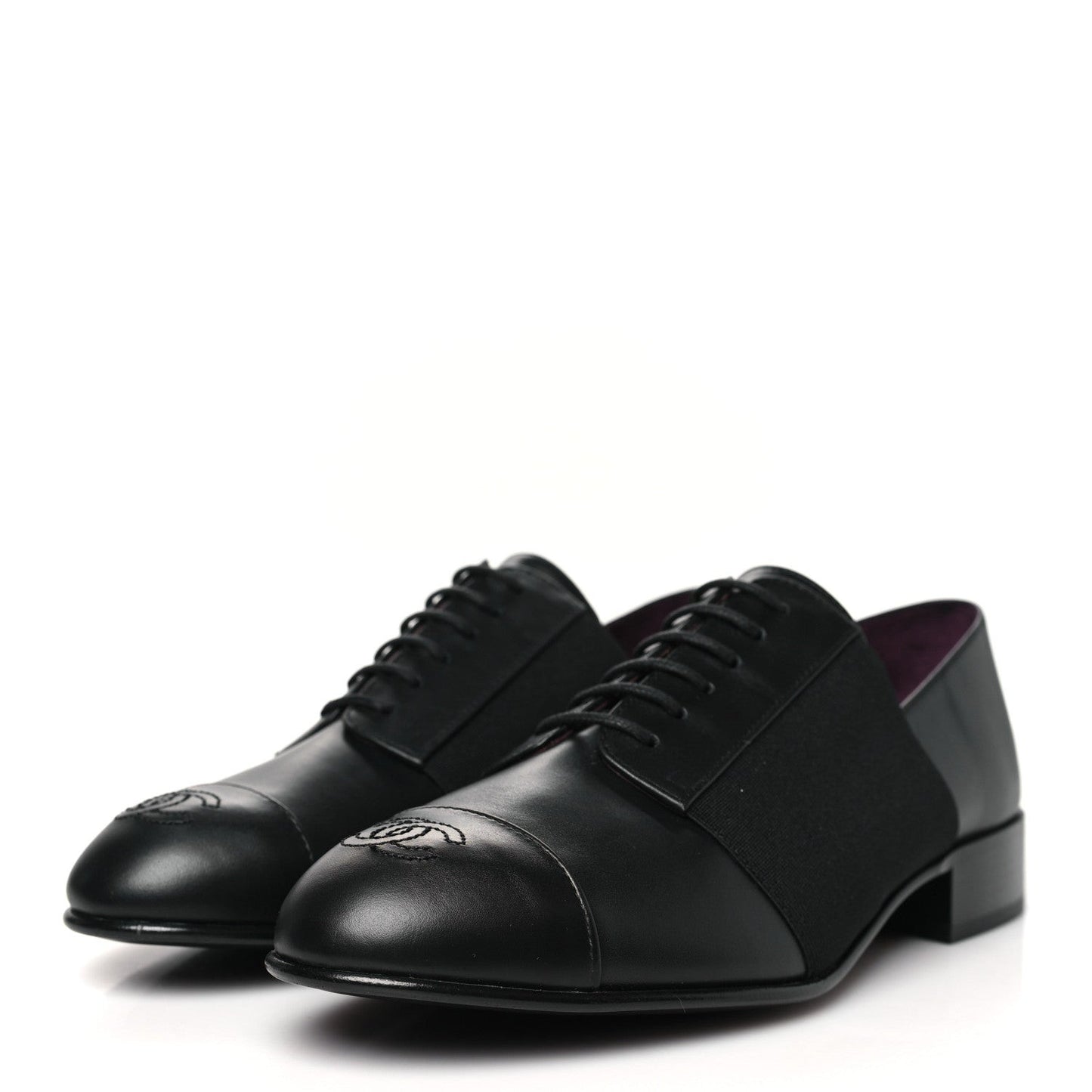 Calfskin Elastic Lace Up Cap Toe CC Loafers 37 Black