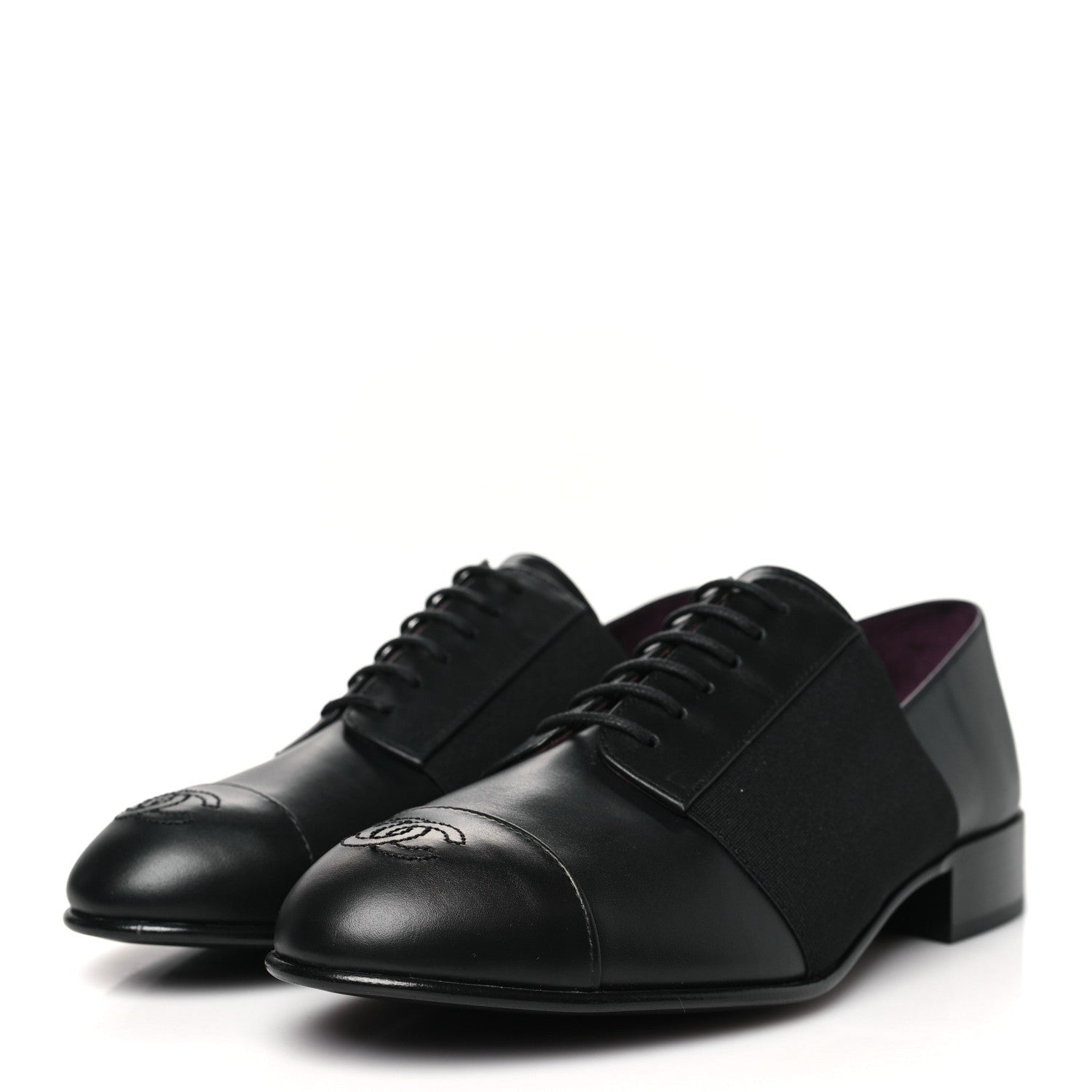 Chanel Calfskin Elastic Lace Up Cap Toe CC Loafers 37 Black 4 of 7