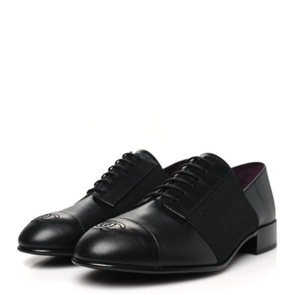 Chanel Calfskin Elastic Lace Up Cap Toe CC Loafers 37 Black 4 of 7