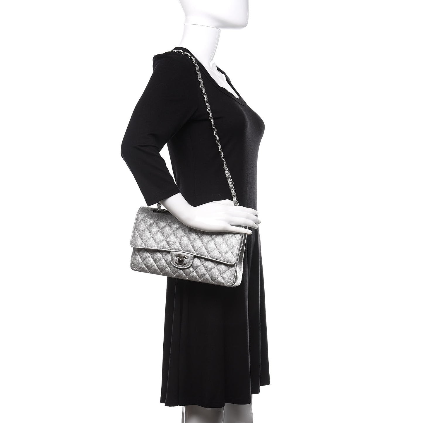 Metallic Caviar Quilted Medium Double Flap Silver