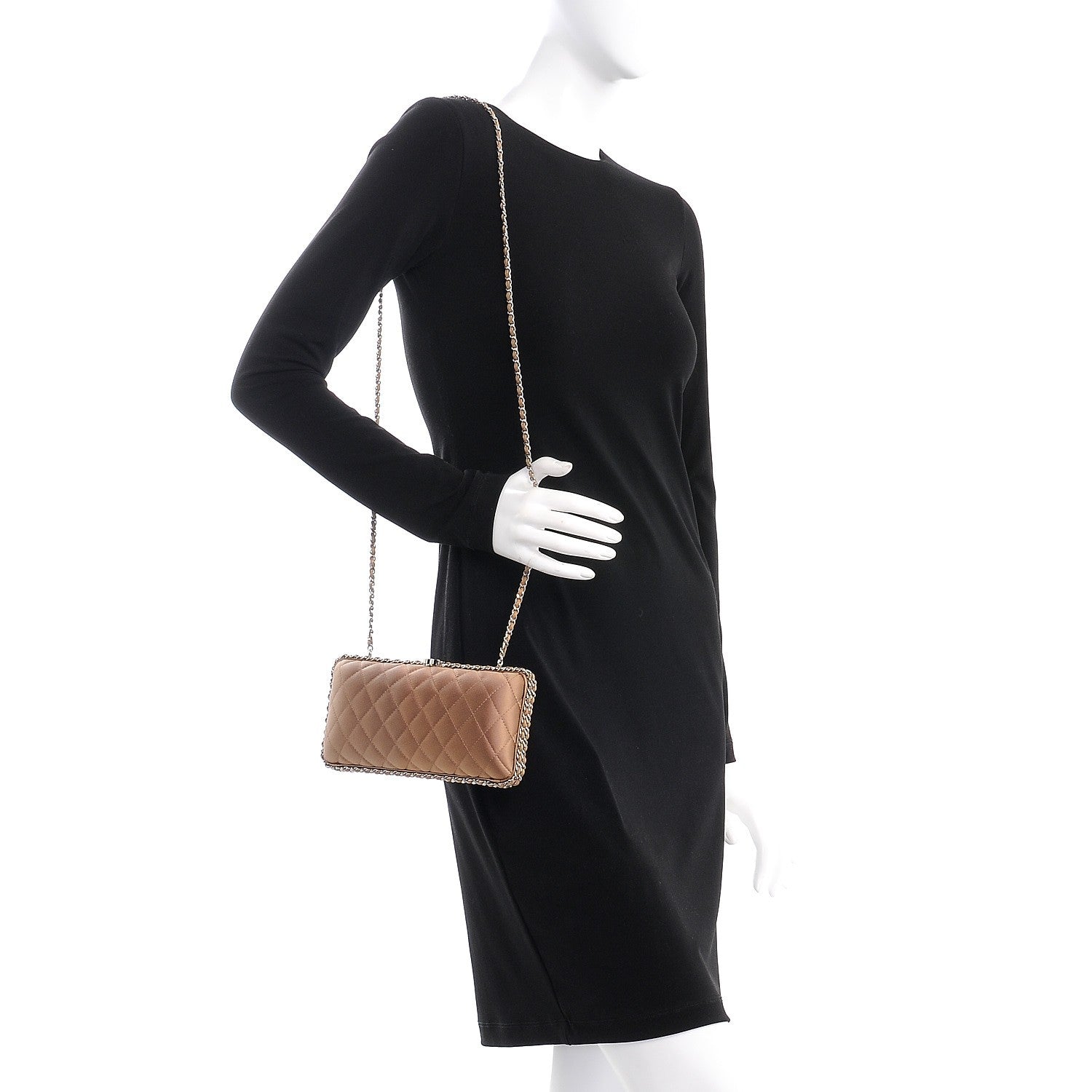 Chanel Satin Quilted Chain Around Clutch Beige 2 of 9