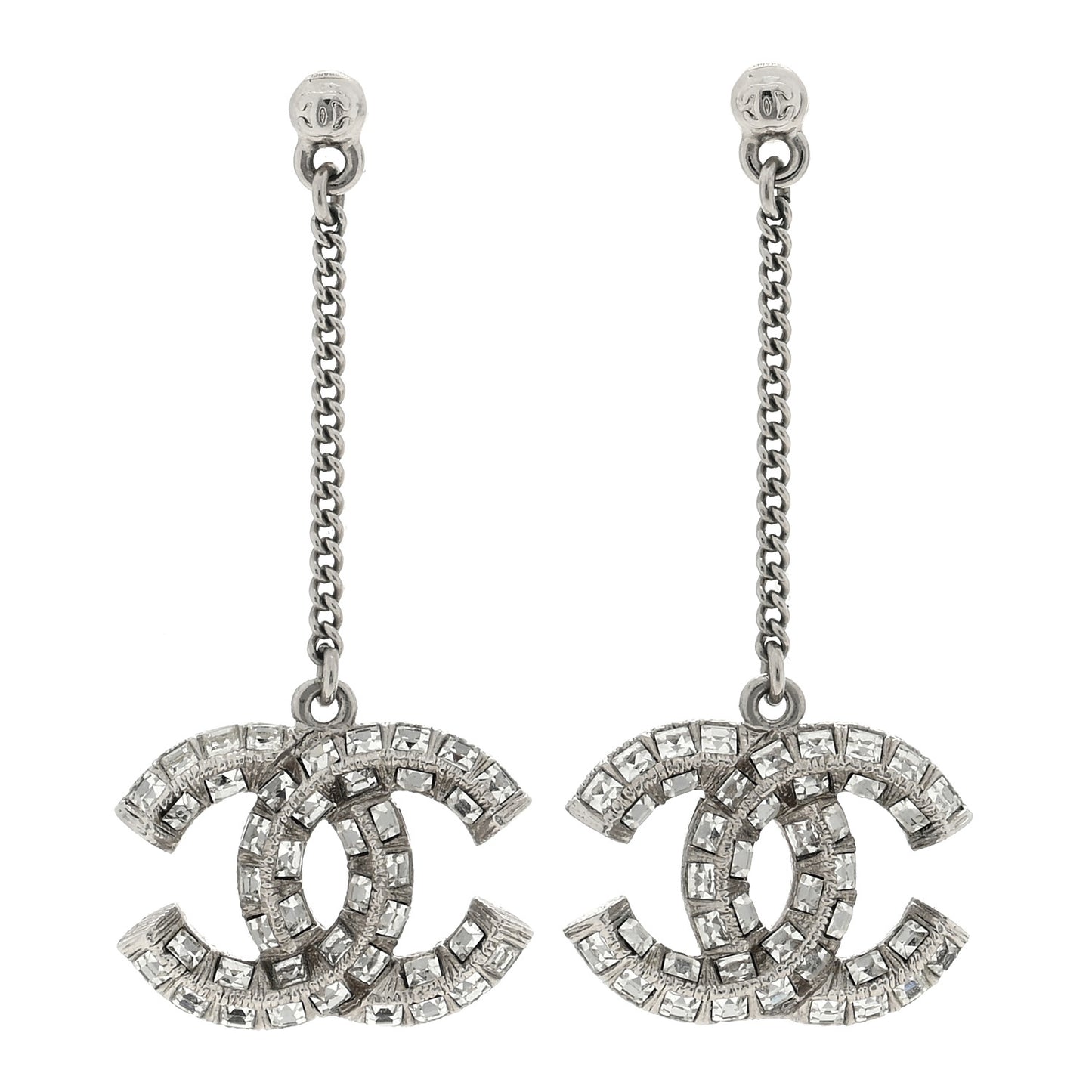 Crystal Baguette CC Dangle Earrings Silver