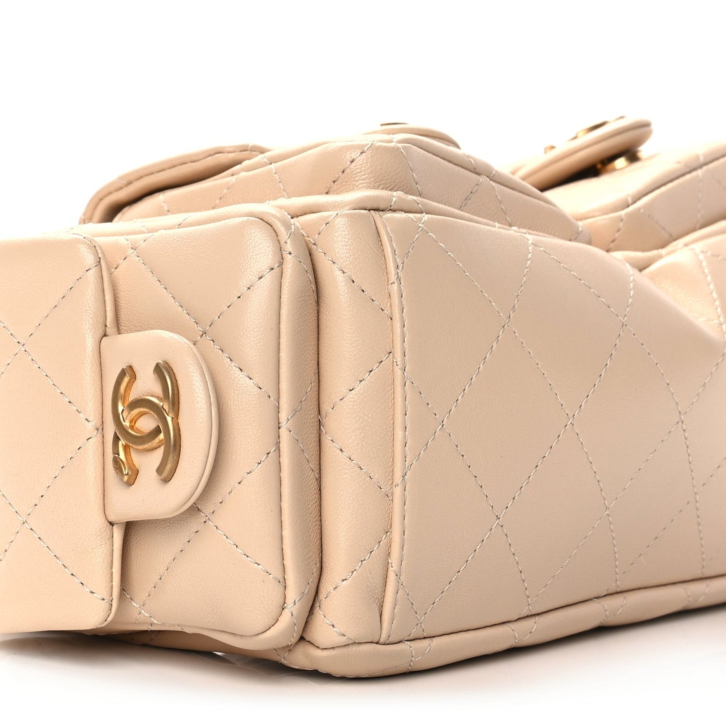 Shiny Lambskin Quilted Trendy Pockets Hobo Beige